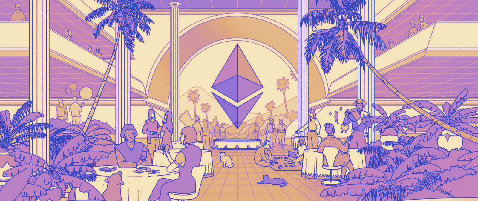 A friendly conservatory scene with people gathered around a glowing anodized titanium diamond.